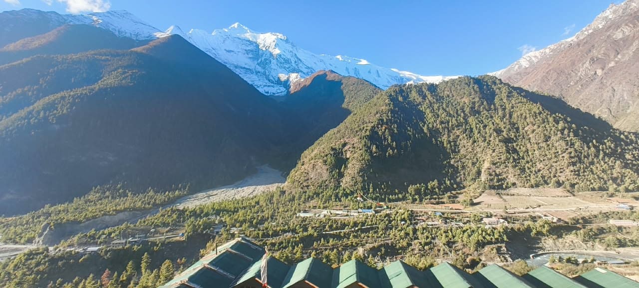 Green-roofed village nestled in a lush valley with towering snow-capped Himalayan mountains under a clear blue sky.