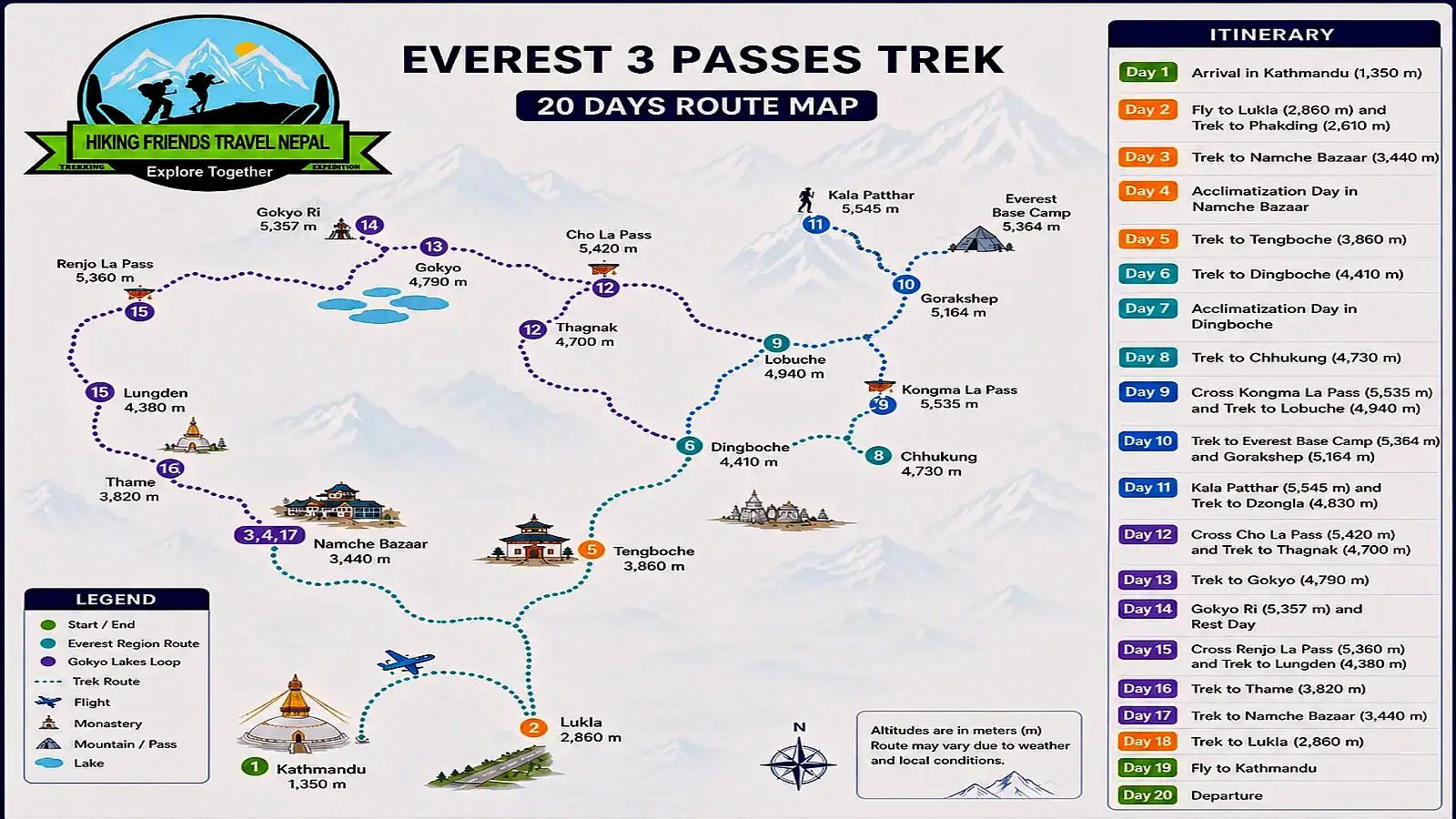 Everest 3 Passes Trekking in Nepal map